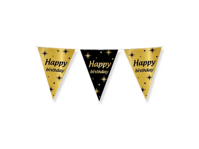 Slinger Folie vlaggen Party Flag Foil 'Happy Birthday' Goud-Zwart 10m