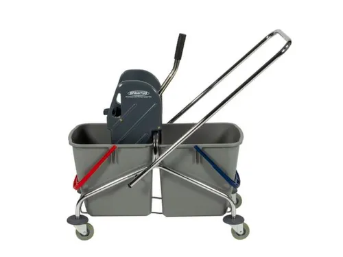 dweilwagen,emmer 2x27l ROOD/BLAUW,mopwringer,frame metaal,4zwenkwielen