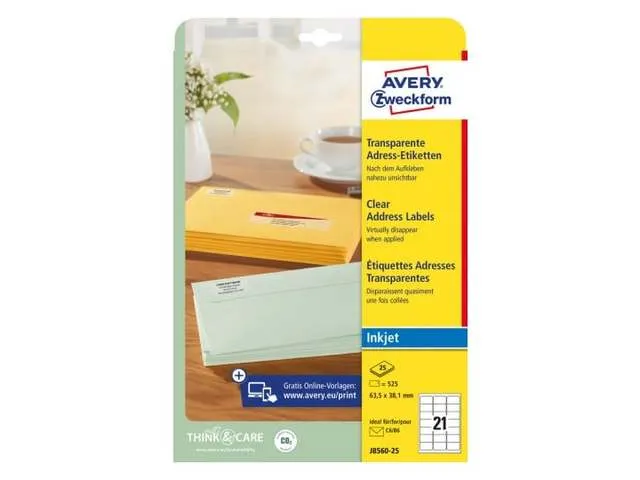 Adresetiket Avery J8560-25 63,5x38,1mm Transparant Inkjet 525 stuks