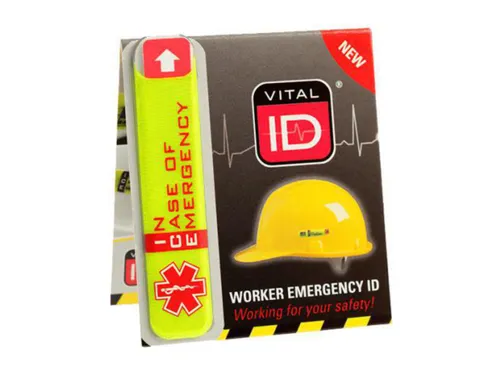 Relexim WSID01 Vital ID ICE tag voor op een veiligheidshelm, geel/rood