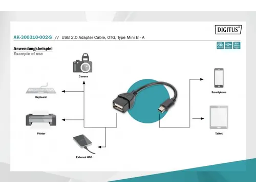 USB 2.0-adapterkabel OTG type mini B - A St/Bu 0,2m USB 2.0-compatibel
