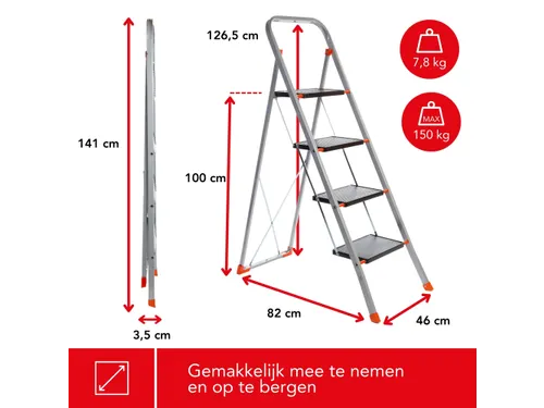Huishoudtrap met hoge beugel 4 treden antislip inklapbaar tot 150 kg