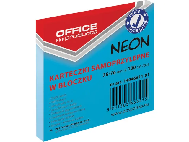bloc mémo Neon, 76 x 76 mm, 100 feuilles, bleu néon