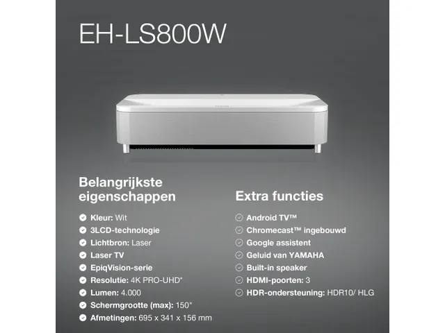 EH-LS800W 4K PRO-UHD smart laserprojector, 4000 lumen, scherm van maxi
