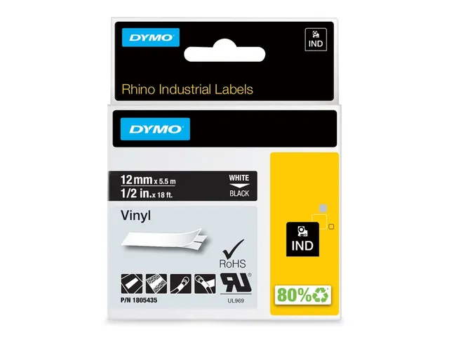 Labeltape Dymo Rhino 18054 Vinyl 12mmx5.5m Wit Op Zwart