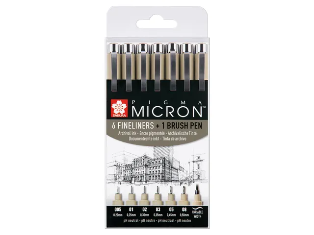 Fineliner Set Sakura Pigma Micron assorti + brushpen zwart