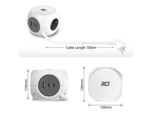 Stekkerblok ACT 3 voudig inclusief 2x USB C en A 1.5 meter wit/grijs