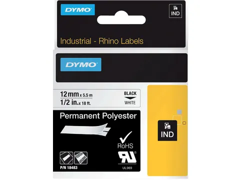 Labeltape Dymo Rhino 18483 Polyester 12mmx5.5m Zwart Op Wt