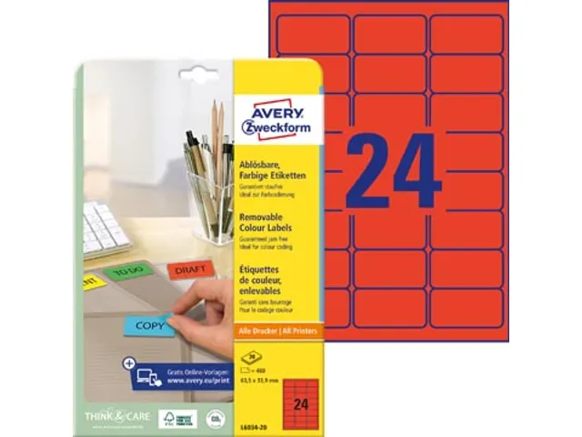 Gekleurde Etiketten Avery Zweckform 63,5x33,9mm Rood 480 stuks