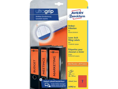 Rugetiket Avery Zweckform smal 38x192mm zelfklevend rood L4762-20