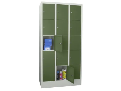 lockerkast,HxBxD 1850x900x500mm,3x5vakken,RAL7035,front RAL6011