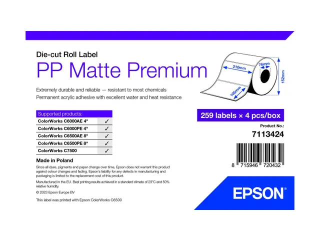Epson 7113424, Wit, Zelfklevend printerlabel, Gestanste etiket, Rol, I