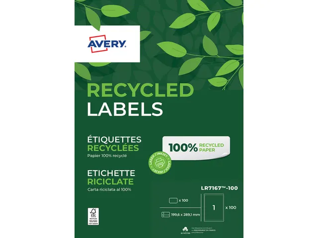Etiket Avery LR7167-100 199.6x289.1mm recycled Wit 100 stuks