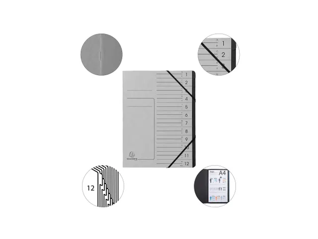Trieur agrafé avec élastiques intérieur noir 12 compartiments - A4