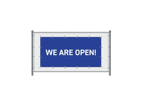 Hekwerkbanner 200x100 cm Blauw met Engelse Print We Are Open