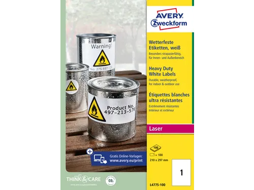 Avery Zweckform L4775 Weerbestendige etiketten A4 210x297 Wit 100stuks