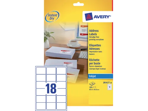 Adresetiket Avery J8161-10 63.5x46.6mm Inkjet Wit 180 stuks