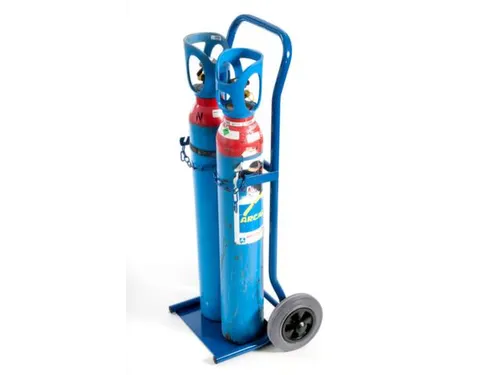 Flessenkar,draagverm. 100kg,2x10l fles,m. ketting,RAL5010,TPE-banden
