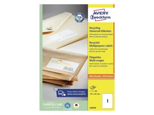 Etiket Avery Zweckform LR3478 210x297mm A4 recycled Wit 100 stuks