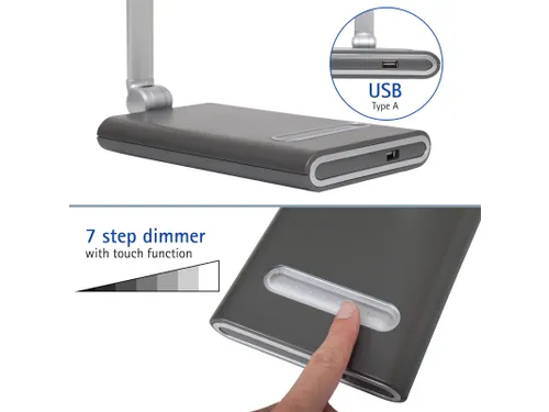 Bureaulamp LED MAULpure, dimbaar, USB-poort Zilver