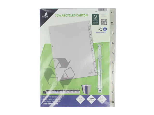 Tabblad ECO Kangaro A4 cijfers 180 grams grijs karton 4-gaats 10-delig