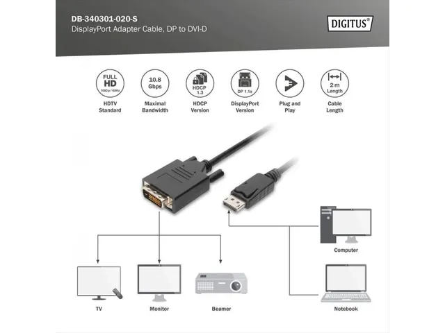 DisplayPort-adapterkabel type DP DVI (24+1) St/St 2m met slot Full HD