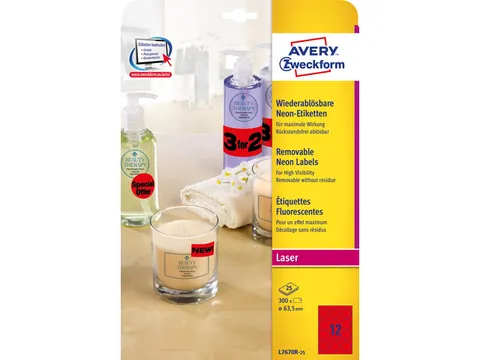 Laseretiket Avery Rond 63.5mm Fluorrood 25 Vel 12 Etiketten Per Vel