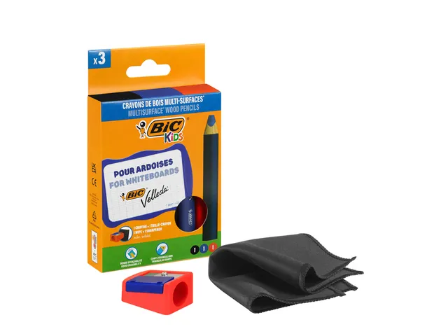Whiteboardpotlood BicKids Multi Surface + puntenslijper/doekje ass 3st