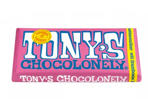 Chocolade Tony's Chocolonely reep 180gr wit framboos knettersuiker