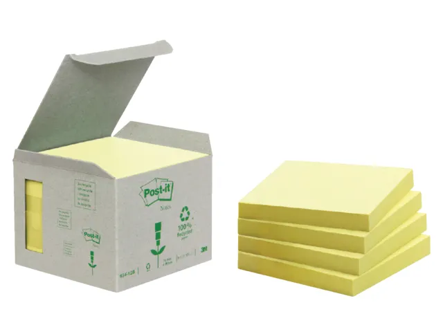 Memoblok Post-it 654-1B 76x76mm recycled geel 6 stuks à 100 vel