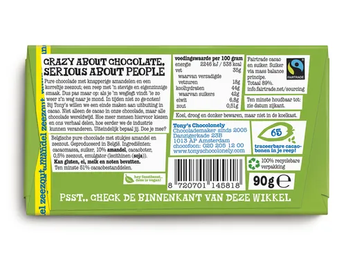 Chocolade Tony Chocolonely puur amandel zeezout reep 90 gram