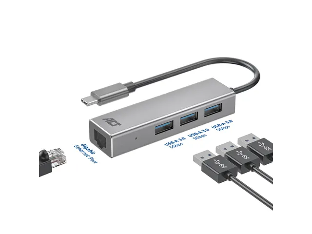 Hub ACT USB-C 3.0 3x USB-A Gigabit ethernet
