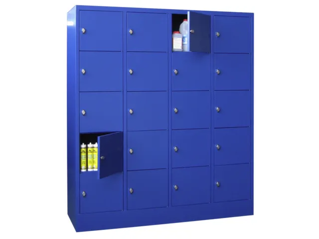 lockerkast,HxBxD 1850x1600x500mm,4x5vakken,RAL7035,front RAL6011