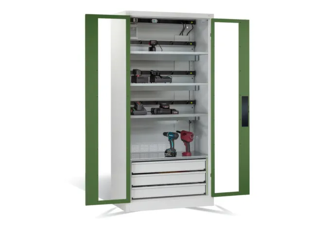 acculaadkast 1950x930x500mm 15stekkerdozen 230V ventilator fr. RAL6011