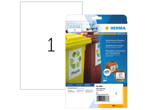 HERMA 4866 Weerbestendige Inkjet-etiket A4 210x297mm Wit 10 stuks