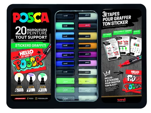 Paintmarker Uni POSCA Sticker Graffiti assorti metalen koffer à 20st