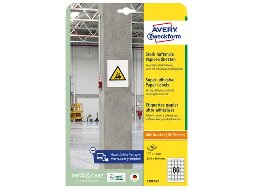 Etiket Avery Zweckform L7872-20 35.6x16.9mm Wit 1600 stuks