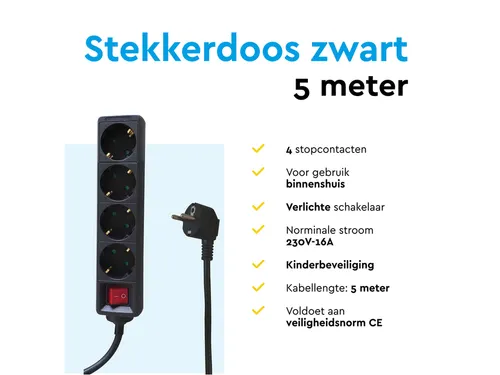 Stekkerdoos BRASQ 4 voudig 5 meter zwart