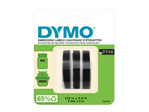 Reliëftape Dymo embossing plastic 9mm zwart op wit 3 stuks