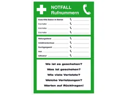 affiche,Noodnummers,PVC,groen/wit/zwart,om te verlijmen,HxB 300x200mm