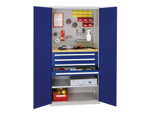 Materiaalkast Geperf. Deuren 1950x1000x600mm 4laden 1legbord Ral5010