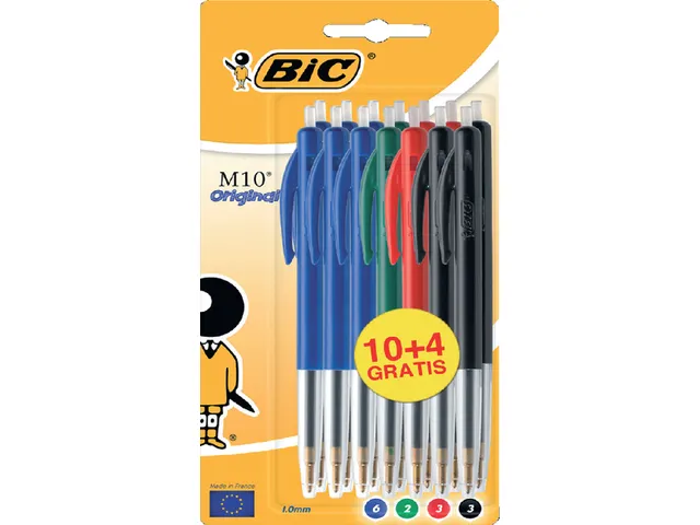 Balpen Bic M10 medium assorti blister à 10+4 gratis