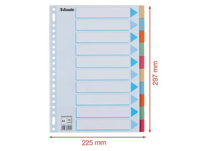 Intercalaire Esselte Premium A4 10 onglets 23 perf carton assorti