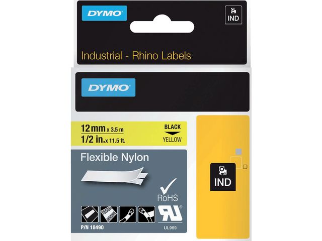 Labeltape Dymo Rhino 18490 Nylon 12mmx3.5m Zwart Op Geel | LabelprinterOnline.nl