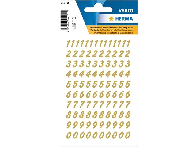 Etiket Herma 4151 8mm Getallen 0-9 Goud op Transparant 208 stuks