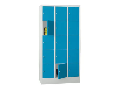 lockerkast,HxBxD 1850x900x500mm,3x5vakken,RAL7035,front RAL5012