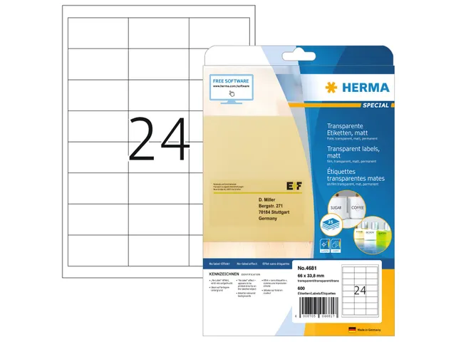 HERMA 4681 Transparante folie-etiketten Mat A4 66x33,8mm 600 stuks