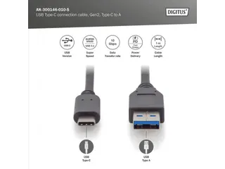 USB Type C-aansluitkabel Type C naar A M/M 1m Gen2 3A 10GB Zwart - 2