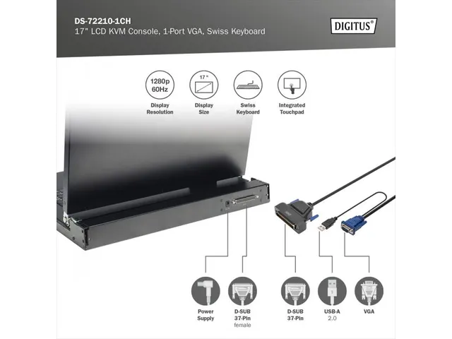 17 inch LCD KVM-console 1-poorts VGA Zwitsers Toetsenbord Zwart