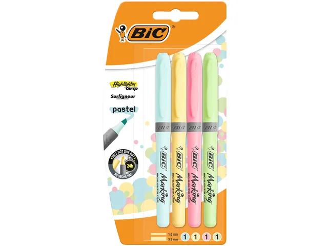 Markeerstift Bic grip pastel assorti blister à 4 stuks